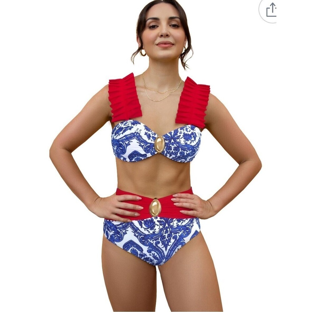 "Sporlike" Blue White Porcelain Print Red Trim High Waist Bikini Set Size S NWT